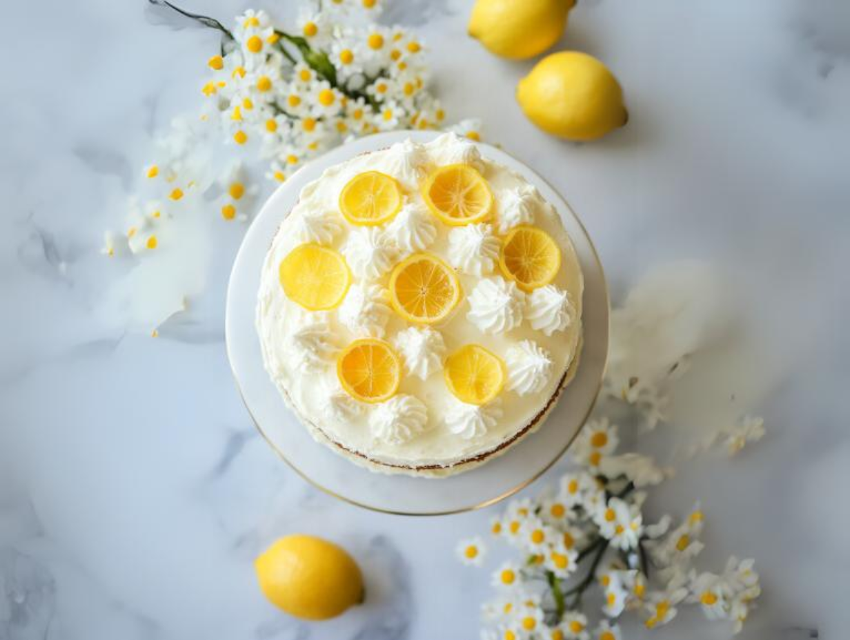 Top-down view of the finished lemon cake decorated with candied lemon peel on top of the icing, ready to serve on a cake stand.