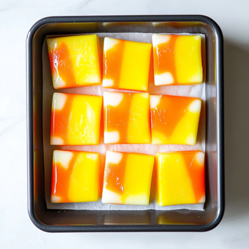 Top-down view of the Candy Corn Fudge after being sliced into small squares, showing its distinct yellow, orange, and white layers stacked atop one another. The fudge is arranged on a white dish, ready to serve on a white countertop.