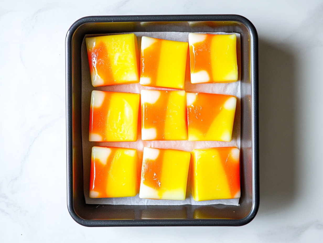 Top-down view of the Candy Corn Fudge after being sliced into small squares, showing its distinct yellow, orange, and white layers stacked atop one another. The fudge is arranged on a white dish, ready to serve on a white countertop.