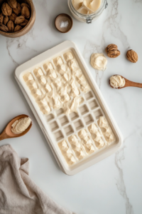 This image shows waffle batter being poured evenly into the wells of a greased waffle stick pan. The batter is spread carefully to ensure each section is filled evenly before baking.