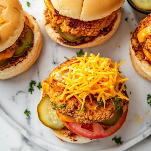 This image shows juicy chicken burgers topped with melted cheddar cheese, crispy bacon, fresh vegetables, and ranch dressing, served on toasted buns.