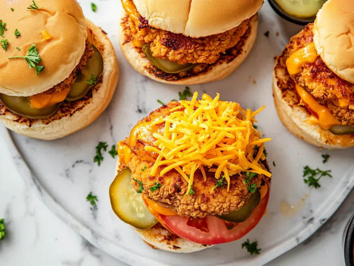 This image shows juicy chicken burgers topped with melted cheddar cheese, crispy bacon, fresh vegetables, and ranch dressing, served on toasted buns.