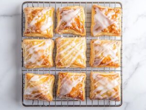 Top-down view of cooled cheese danishes on a wire rack over a white marble cooktop. A smooth glaze made from powdered sugar, vanilla extract, and milk is being drizzled over each danish, focusing on the shiny glaze cascading over the golden pastries.