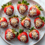 This image shows the deviled strawberries arranged on a white plate, chilling in the refrigerator until ready to serve.