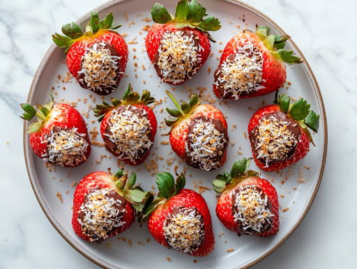 This image shows the deviled strawberries arranged on a white plate, chilling in the refrigerator until ready to serve.