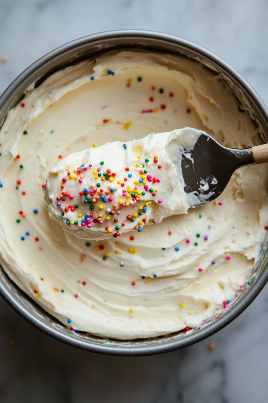 Top-down view of the cheesecake in the springform tin, covered with plastic wrap, placed in the fridge. The scene focuses on the cheesecake setting as it chills in the refrigerator.