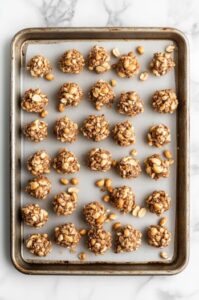 Top-down view of a baking sheet with peanut clusters in the refrigerator. The clusters are setting and hardening, chilling for 30 to 45 minutes to become firm and ready to serve.