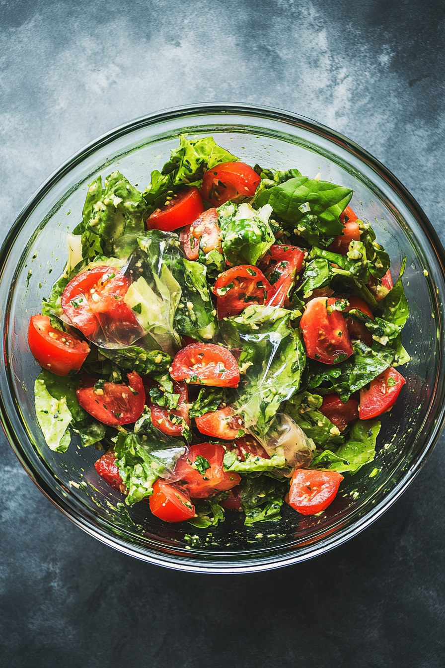 A top-down view of the bowl with the finished salad, covered with plastic wrap and placed in the refrigerator. The scene shows the salad ready to chill, ensuring the flavors meld together before serving.