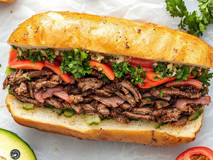 Top-down view of the chopped sandwich mixture being spooned onto a hoagie roll. The scene focuses on the hoagie roll stuffed with the flavorful, well-mixed Italian sub ingredients, ready to be served.