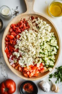 Top-down view of all sandwich ingredients on the cutting board being chopped together with a sharp knife. The colorful mix of pepperoni, salami, ham, provolone, tomato slices, banana peppers, onions, and lettuce is being finely chopped and mixed for a uniform blend.