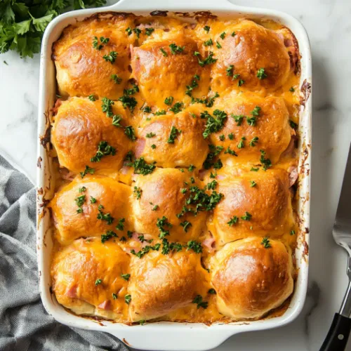 A top-down view of golden brown and bubbly Ham and Cheese Sliders in a 9x9-inch baking dish, garnished with fresh parsley. A serving spatula is beside the dish, ready for serving.