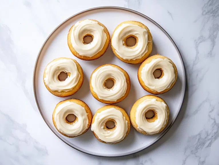 This image shows a plate of golden-brown Cinnabon Delights, each filled with cream cheese glaze, dusted in cinnamon sugar, and arranged in a tempting pile.