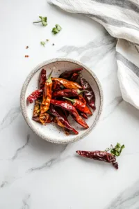 This image shows dried chilies being cleaned with a damp kitchen towel before removing stems and seeds, ready to be soaked in hot water.