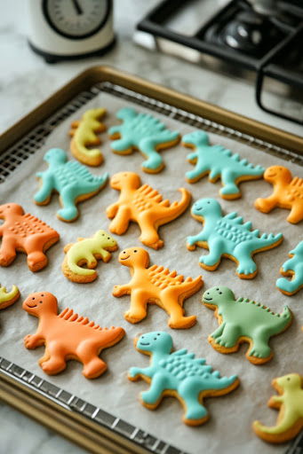 This image shows colorful dinosaur-shaped cookies fresh out of the oven on a baking tray, featuring a vibrant camouflage pattern.