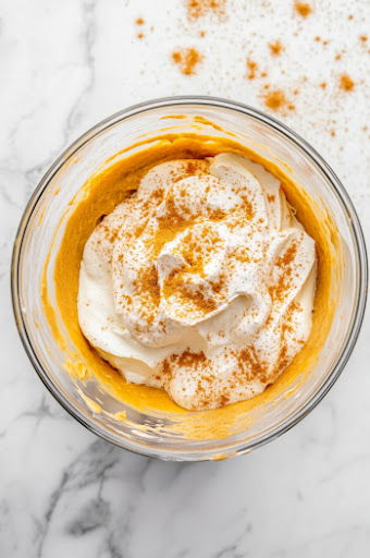 This image shows cream cheese, pumpkin pie mix, pumpkin pie spice, and Cool Whip being added into a stand mixer, ready to be blended.