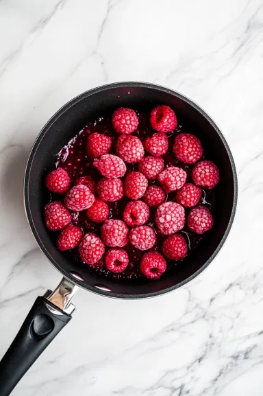 Top-down view of a saucepan as fresh or frozen raspberries, water, and lemon juice are added to the sugar-cornstarch mixture. The raspberries are beginning to break down, with the liquid ingredients mixing into the dry base.