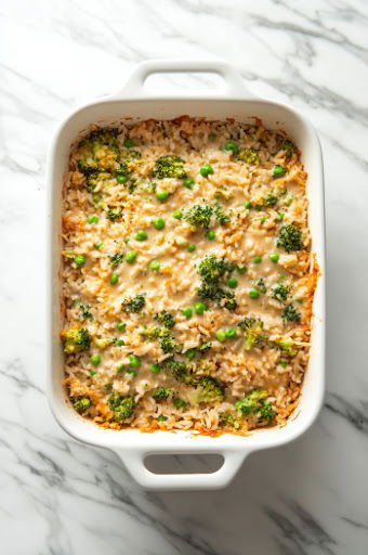 This image shows a 9x13-inch baking dish with two packs of Knorr rice, two cans of soup, and 1 cup of chicken broth being mixed together.