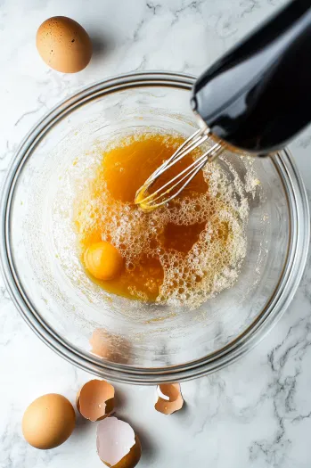 Top-down view of a large mixing bowl where eggs are being beaten with an electric mixer. The warm syrup mixture is being gradually poured into the eggs on a clean countertop.