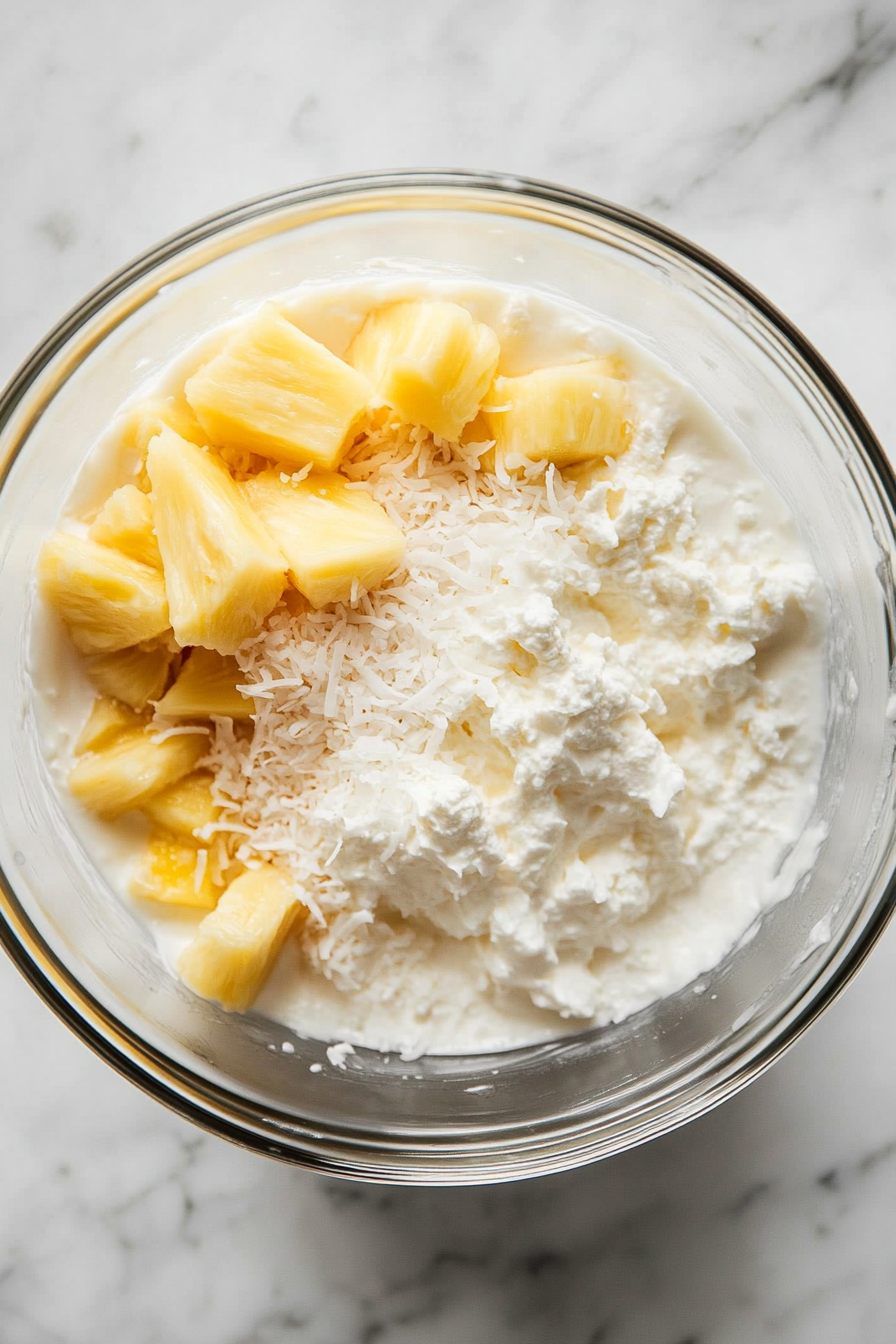 A top-down view of the mixing bowl with the cream cheese mixture on the white marble cooktop. Whipped cream is being gently folded into the cream cheese mixture. Well-drained crushed pineapple and sweetened shredded coconut are added and carefully folded in. The scene focuses on the even distribution of the ingredients, creating a light, fluffy filling.