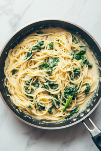 A top-down view of the skillet with cooked whole-wheat spaghetti and wilted spinach being added. Everything is tossed together to coat the pasta evenly with the creamy sauce. The scene shows the vibrant combination of ingredients with the spaghetti and spinach absorbing the rich sauce.