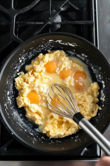 This image shows eggs being whisked with milk, salt, and pepper, and gently scrambled in a nonstick skillet until soft and fluffy.