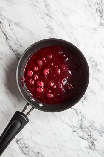 Top-down view of the saucepan over medium heat as the raspberry mixture bubbles gently. The raspberries are releasing their juices, and the sauce is thickening while being stirred, with the texture becoming smoother and thicker.