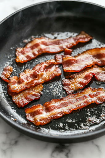 This image shows bacon cooking in a skillet over medium-high heat for 6-8 minutes, until fully cooked but not crispy.