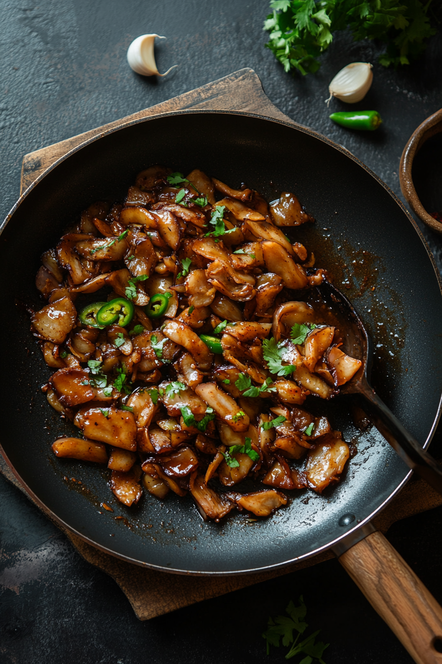 Top-down view of a pan with sautéed onion and garlic mixture. Thinly sliced jackfruit, tomato paste, cumin, chili powder, dried oregano, smoked paprika, and sea salt are added and cooking on low heat.