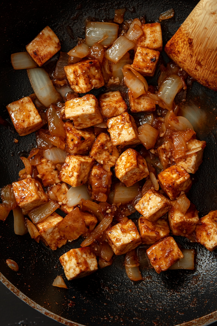 Top-down view of the jackfruit-tofu mixture being added to the sautéed onions in a pan. Smoked paprika, garlic powder, and kosher salt are sprinkled over the mixture. The mixture is sautéing, absorbing the spices and turning light golden.