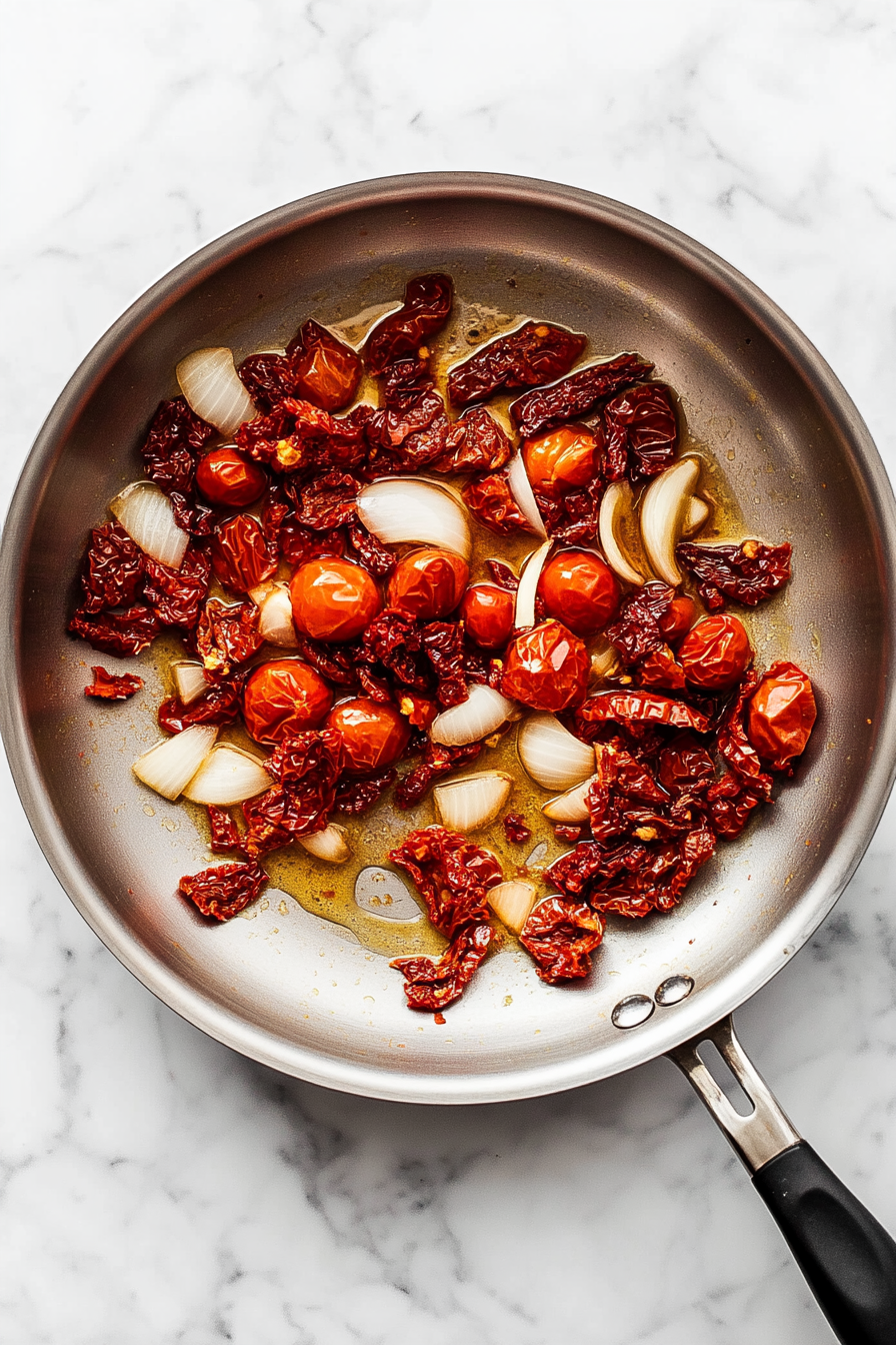 A top-down view of a large skillet with oil from sun-dried tomatoes being heated. Halved and thinly sliced onion and slivered sun-dried tomatoes are being sautéed, releasing their flavors. The scene shows the onions and sun-dried tomatoes sizzling in the skillet.