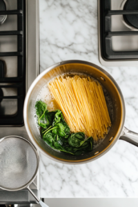 A top-down view of a large saucepan with whole-wheat spaghetti cooking in boiling water on a stovetop. Next to the saucepan, a colander with coarsely chopped baby spinach is placed in the sink. The scene shows the pasta cooking, with the spinach ready to be wilted once the pasta is drained.