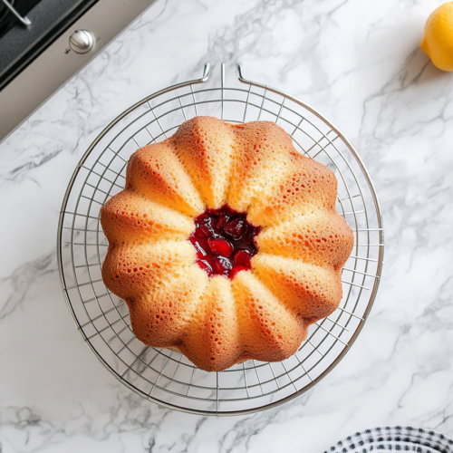 A top-down view of a bundt pan on a cooling rack on a clean kitchen countertop with a white marble cooktop background. The cake, removed from the oven, is cooling in the pan, and a slice is shown, highlighting the bright lemon flavor and sweet cherry filling.