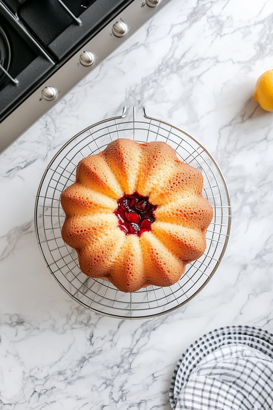 A top-down view of a bundt pan on a cooling rack on a clean kitchen countertop with a white marble cooktop background. The cake, removed from the oven, is cooling in the pan, and a slice is shown, highlighting the bright lemon flavor and sweet cherry filling.