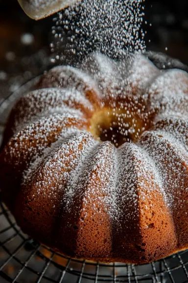 Top-down view of the baked banana nut Bundt cake being flipped onto a wire rack after cooling. The cake is golden brown, with a domed top, and is being dusted with powdered sugar for an optional finishing touch, ready to be served