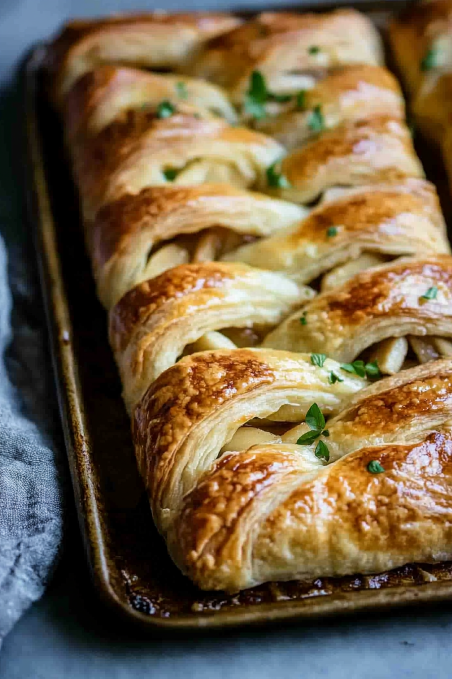 Top-down view of the baked puff pastry braid cooling on the baking sheet. It is golden brown and crisp, being sliced into portions, with flaky layers and apple filling visible inside.