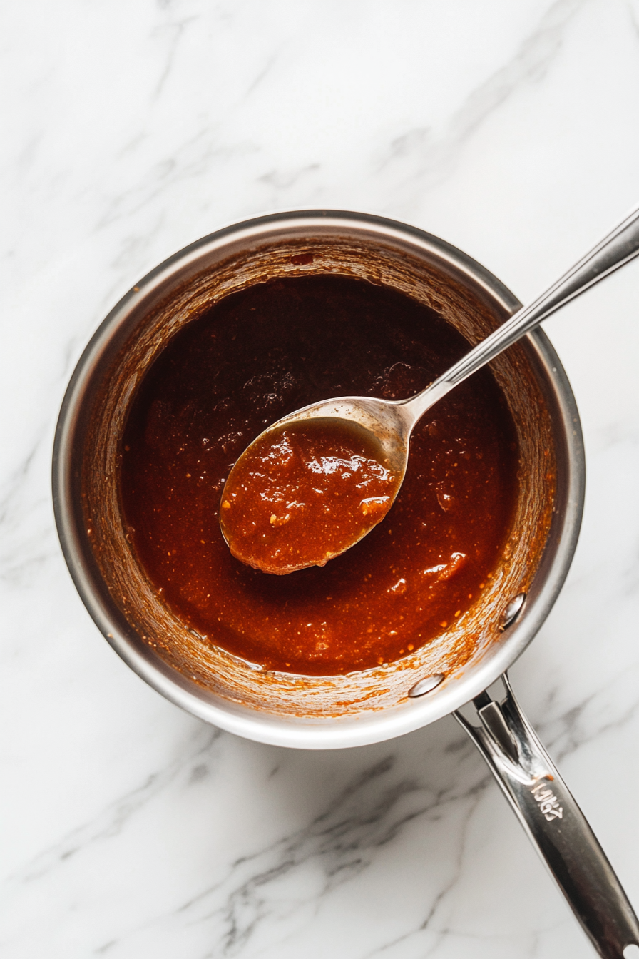 A top-down view of the saucepan removed from the heat, placed on the white marble cooktop. The thickened sauce is cooling slightly before use. A spoon is dipped into the sauce to show its thick consistency. The scene focuses on the cooling process, with the sauce ready to be used.