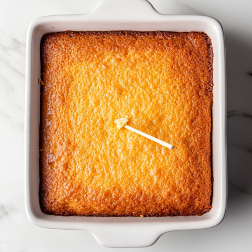 A top-down view of the baked cake in the 9x13-inch dish on a white marble countertop. A toothpick is being inserted into the center of the cake to test for doneness. The toothpick comes out clean, indicating the cake is fully baked and ready to be frosted.