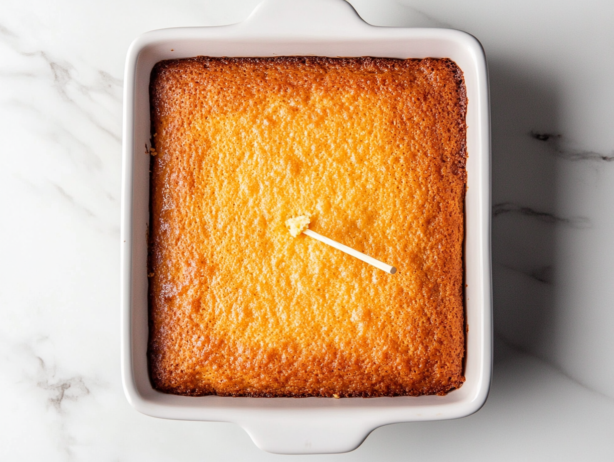 A top-down view of the baked cake in the 9x13-inch dish on a white marble countertop. A toothpick is being inserted into the center of the cake to test for doneness. The toothpick comes out clean, indicating the cake is fully baked and ready to be frosted.