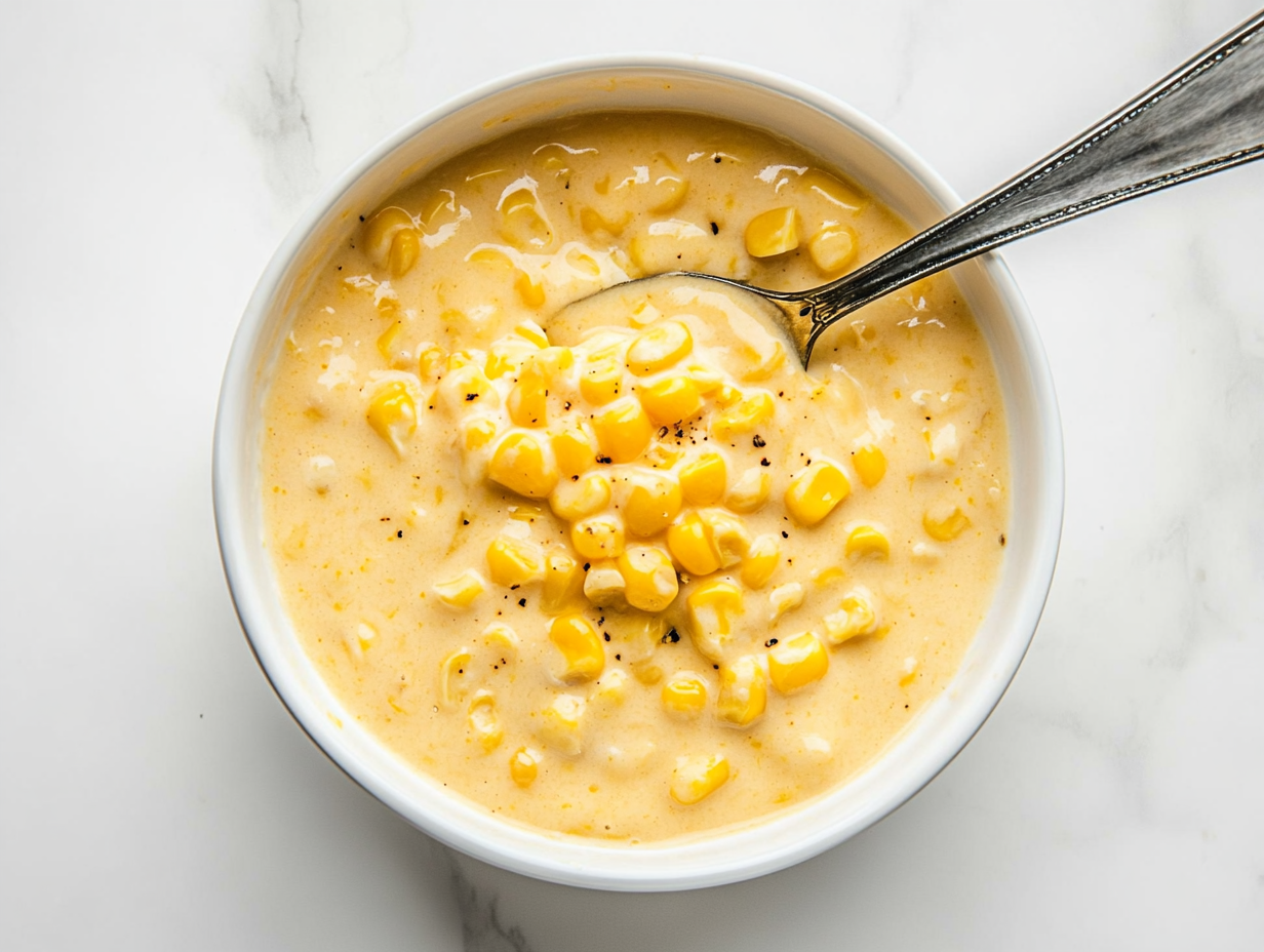 Top-down view of a white bowl filled with creamed corn, served on a white marble cooktop. The creamy sauce coats the corn evenly, and a spoon rests in the bowl, ready for serving. The presentation is clean and simple.