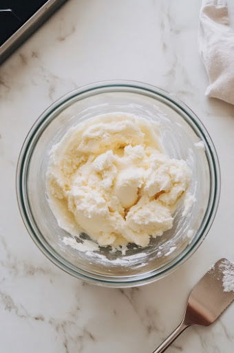 This image shows a person creaming butter and sugar together in a bowl, blending them until light and fluffy to start the cookie dough.