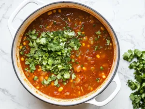 Top-down view of freshly squeezed lime juice and chopped cilantro being stirred into the finished taco soup, ready for serving with a bright, fresh finish.