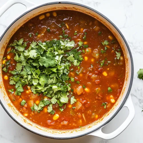 Top-down view of freshly squeezed lime juice and chopped cilantro being stirred into the finished taco soup, ready for serving with a bright, fresh finish.