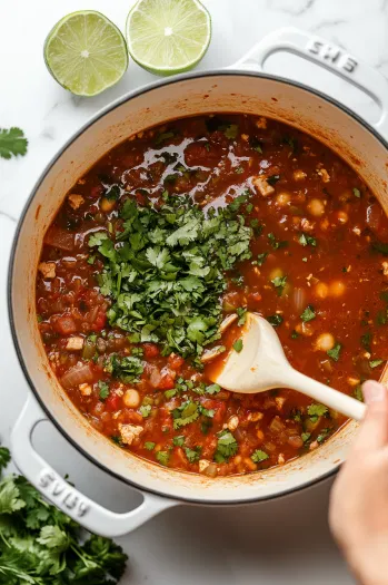 Top-down view of freshly squeezed lime juice and chopped cilantro being stirred into the finished taco soup, ready for serving with a bright, fresh finish.