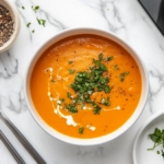 This image shows a bowl of creamy butternut squash soup garnished with fresh thyme, with a swirl of cream on top and a sprinkle of black pepper, ready to be served warm.