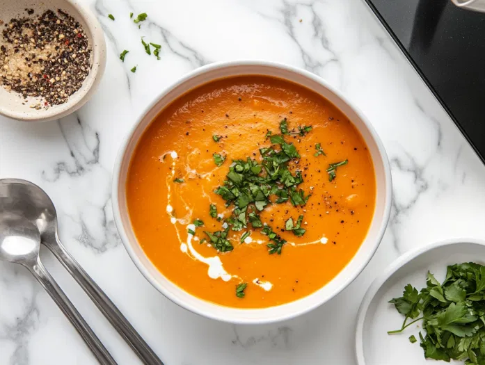 This image shows a bowl of creamy butternut squash soup garnished with fresh thyme, with a swirl of cream on top and a sprinkle of black pepper, ready to be served warm.