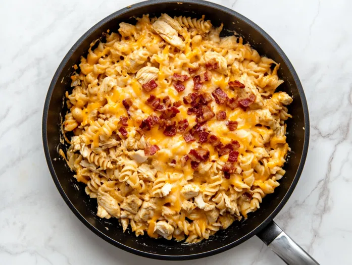 This image shows a bowl of creamy chicken bacon ranch pasta garnished with crispy bacon pieces and shredded cheese, served warm and ready to eat