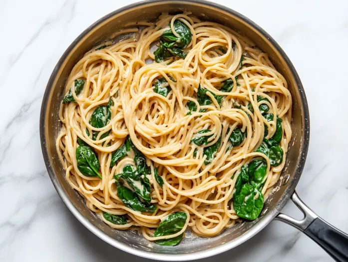 A top-down view of the skillet with cooked whole-wheat spaghetti and wilted spinach being added. Everything is tossed together to coat the pasta evenly with the creamy sauce. The scene shows the vibrant combination of ingredients with the spaghetti and spinach absorbing the rich sauce.