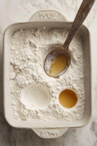 A top-down view of the baking dish with sifted dry ingredients. Three wells are formed in the mixture: one with 3/4 cup of vegetable oil, one with 2 tablespoons of distilled white vinegar, and one with 2 teaspoons of vanilla extract. The scene focuses on the wells filled with their respective liquid ingredients.