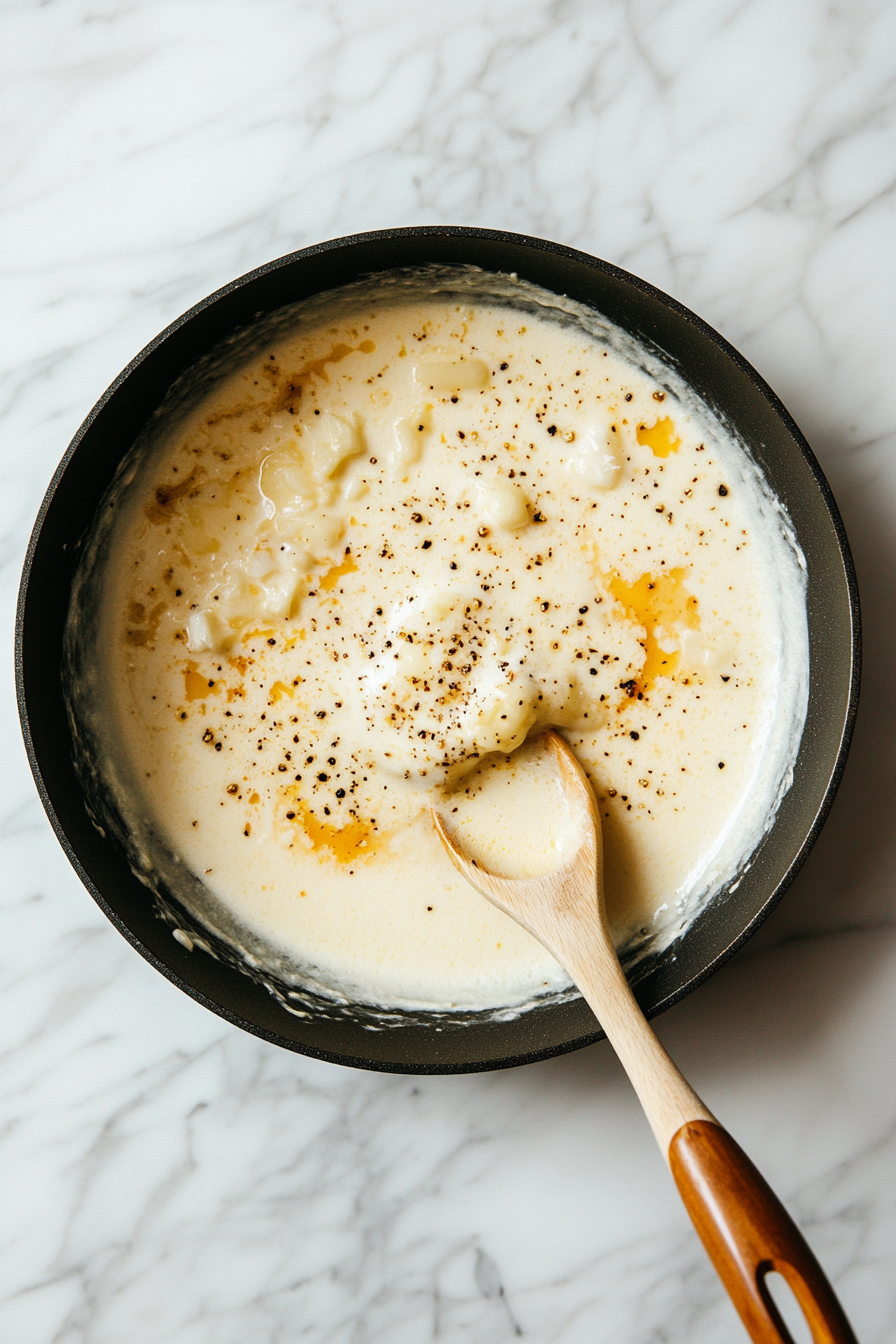 A top-down view of the skillet with sour cream, grated Parmesan cheese, and unsalted butter being added to the reduced broth. The mixture is being stirred to create a smooth and creamy sauce. The scene highlights the creamy texture forming as the ingredients blend together.