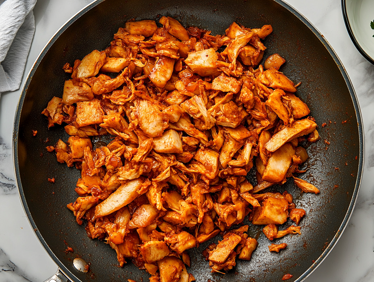 Top-down view of cooked jackfruit in the pan, being tasted and adjusted with additional salt, spices, cayenne pepper, or lime juice, ready to be served in tacos, burritos, enchiladas, or bowls.